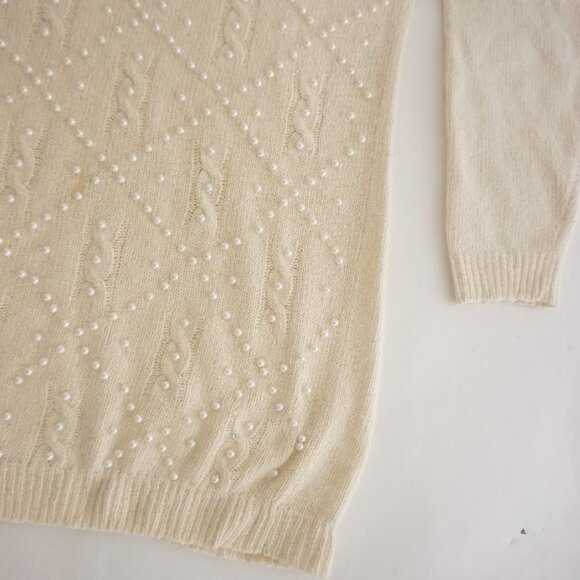 Vintage Ralsey Cream Knit w Pearls Beaded 56% Silk 10% Angora Sweater L - Picture 6 of 13